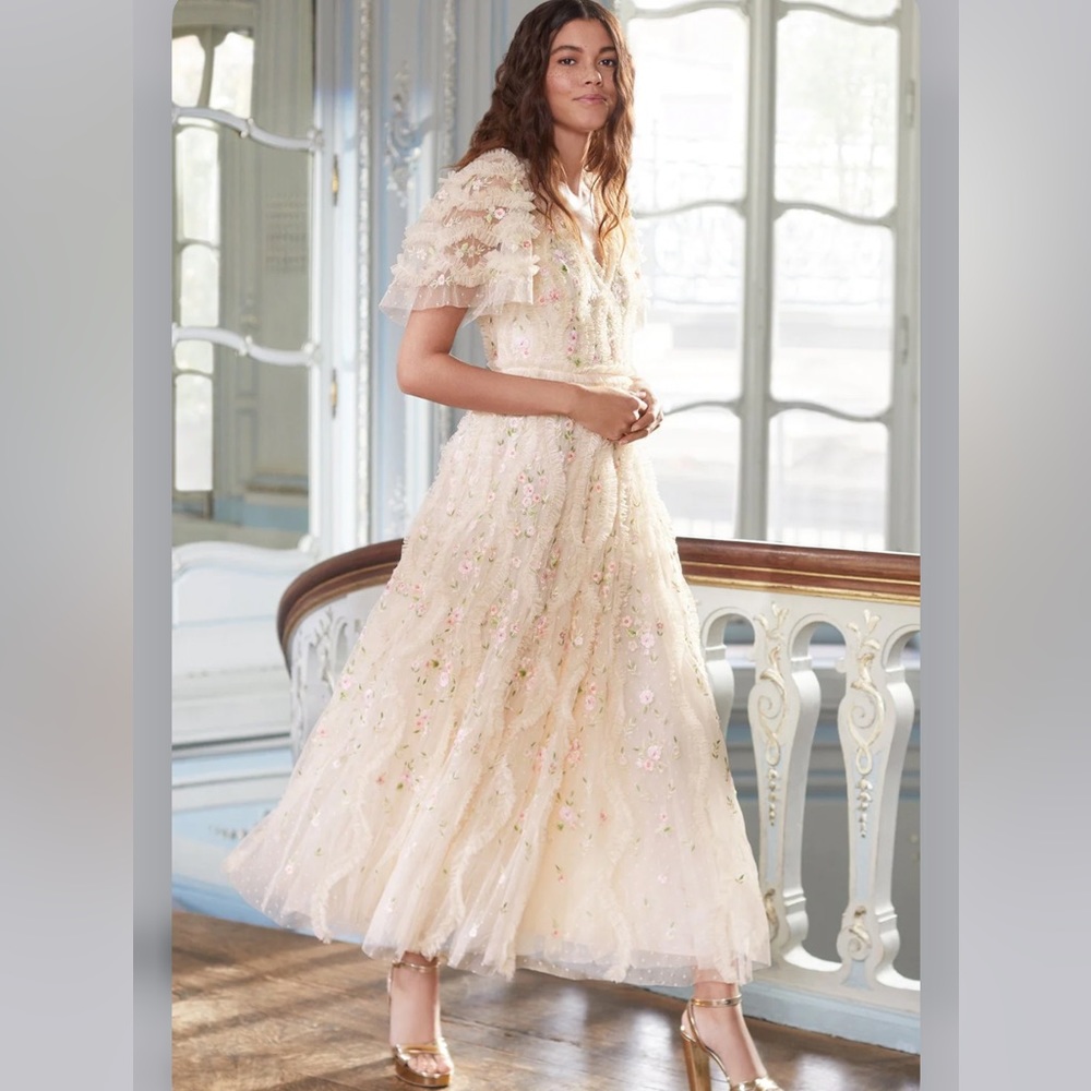 NEEDLE & THREAD Florentina Ankle Gown Dress Floral Lace Embroidered Ruffle - Picture 2 of 10